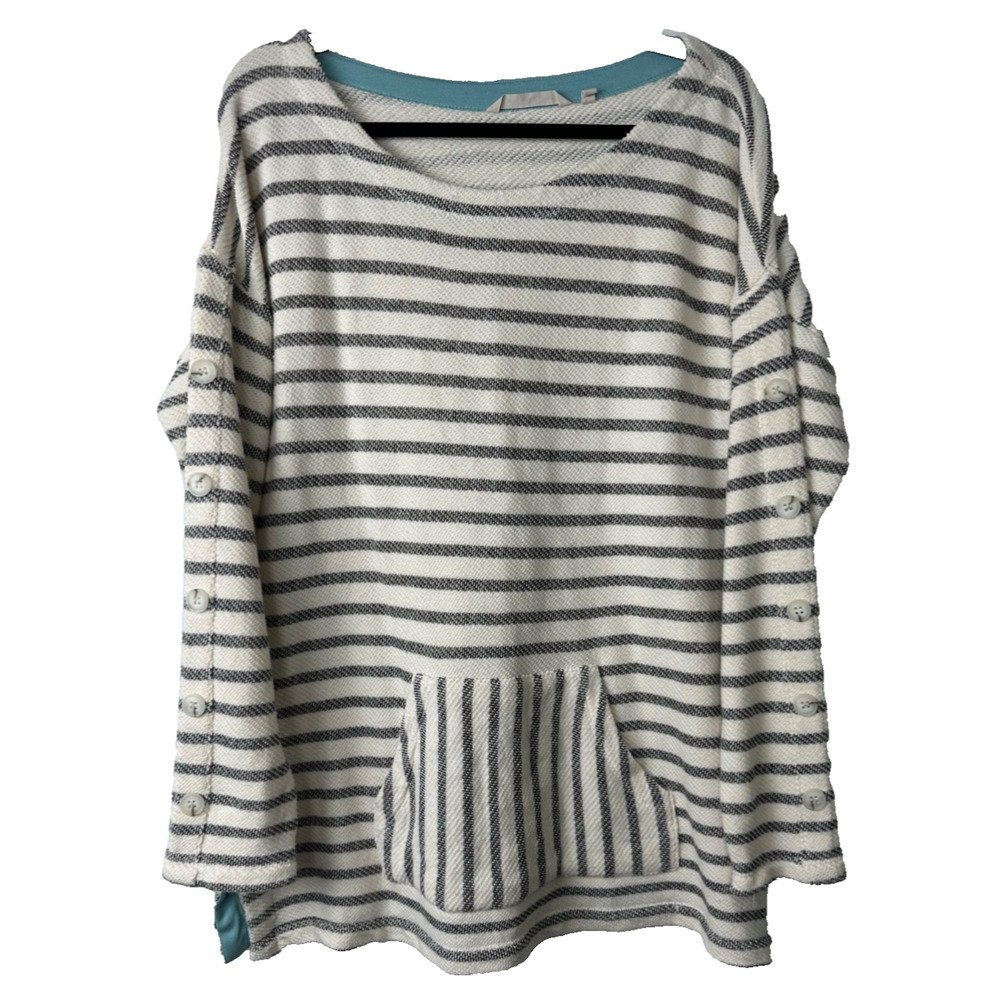Soft Surroundings Top Tunic Women L Seaside Asya Ivory Stripe Pullover Boho C21